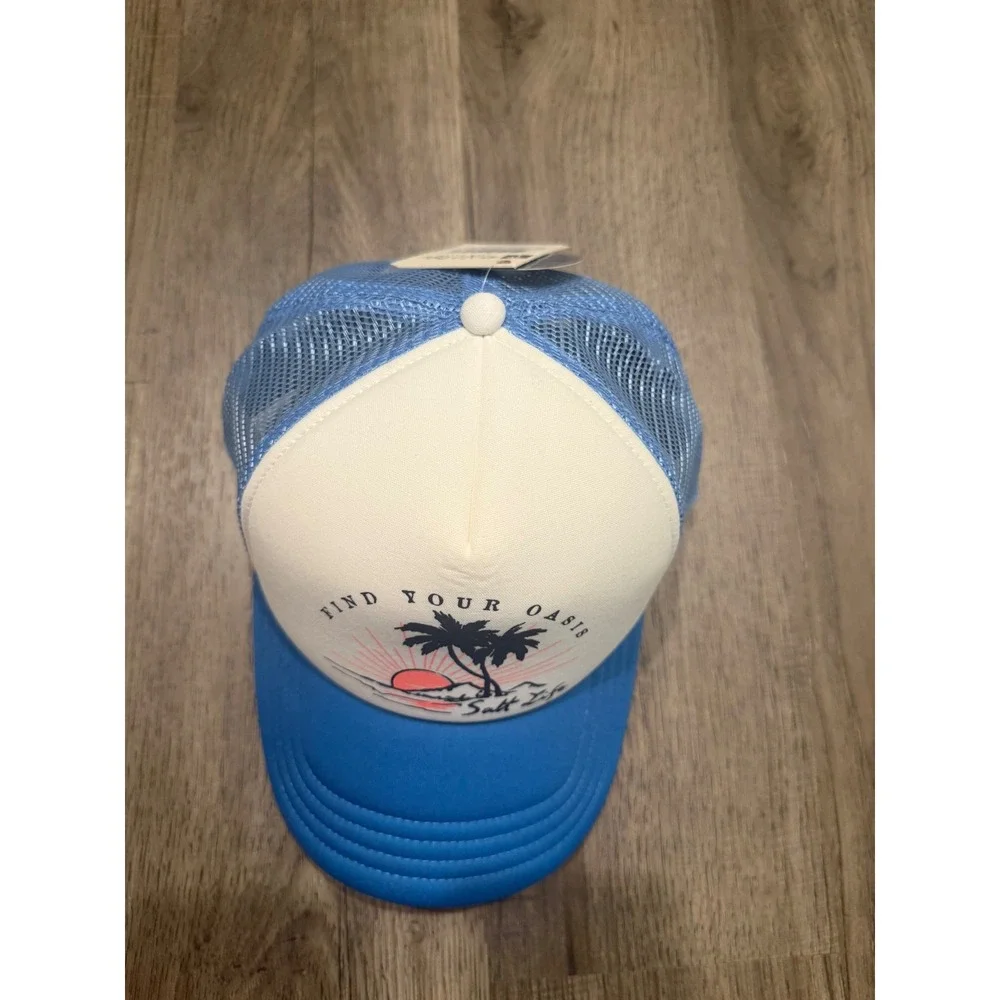 Salt Life Find Your Oasis Trucker Hat Blue White Mesh Snapback Cap Beach NEW